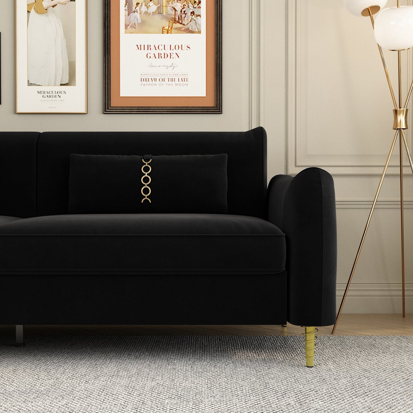 Black Velvet Loveseat Sofa with Gold Legs