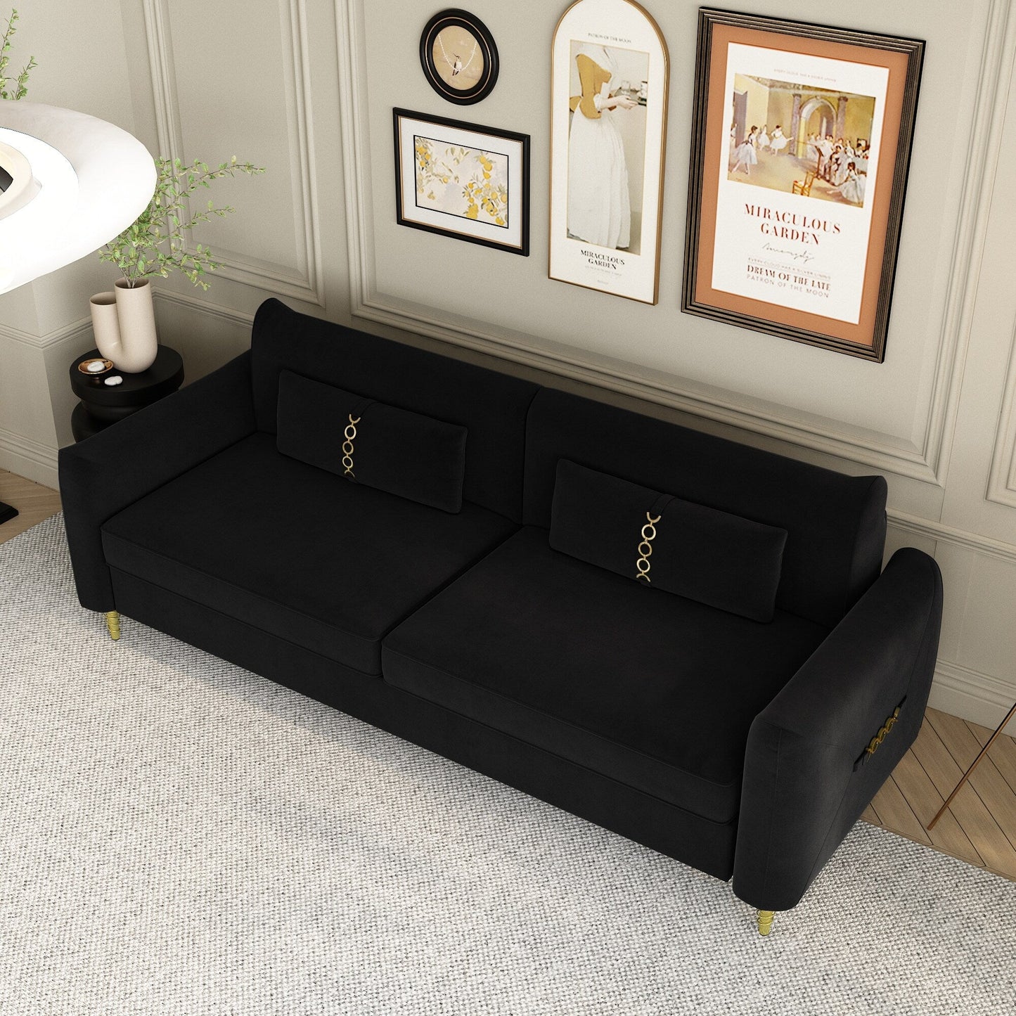 Black Velvet Loveseat Sofa with Gold Legs