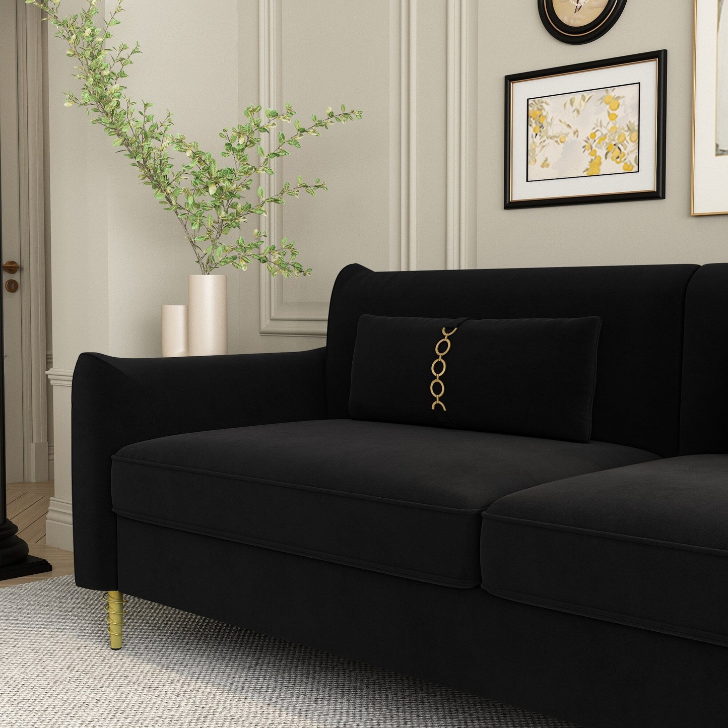 Black Velvet Loveseat Sofa with Gold Legs