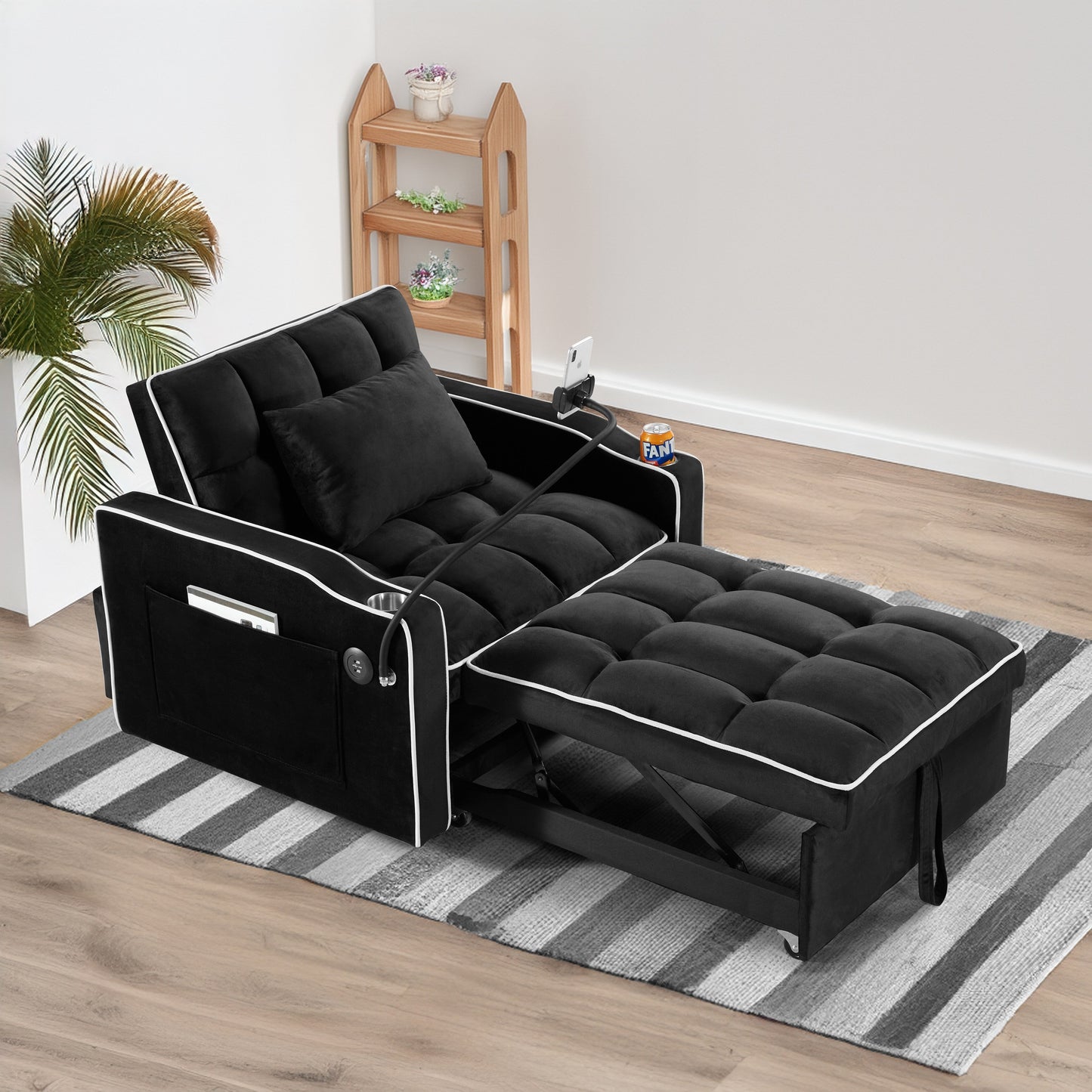 Black Velvet Single Convertible Sofa Bed with USB Charging Port