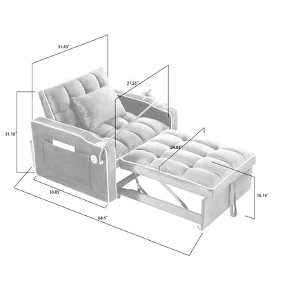 Black Velvet Single Convertible Sofa Bed with USB Charging Port