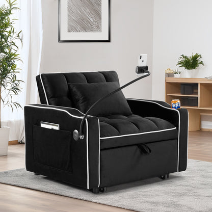 Black Velvet Single Convertible Sofa Bed with USB Charging Port