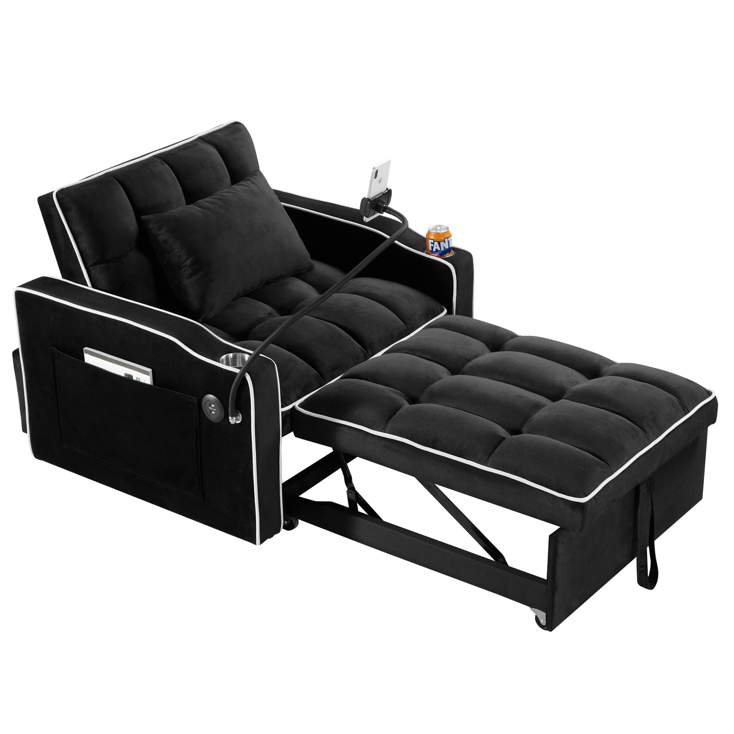 Black Velvet Single Convertible Sofa Bed with USB Charging Port