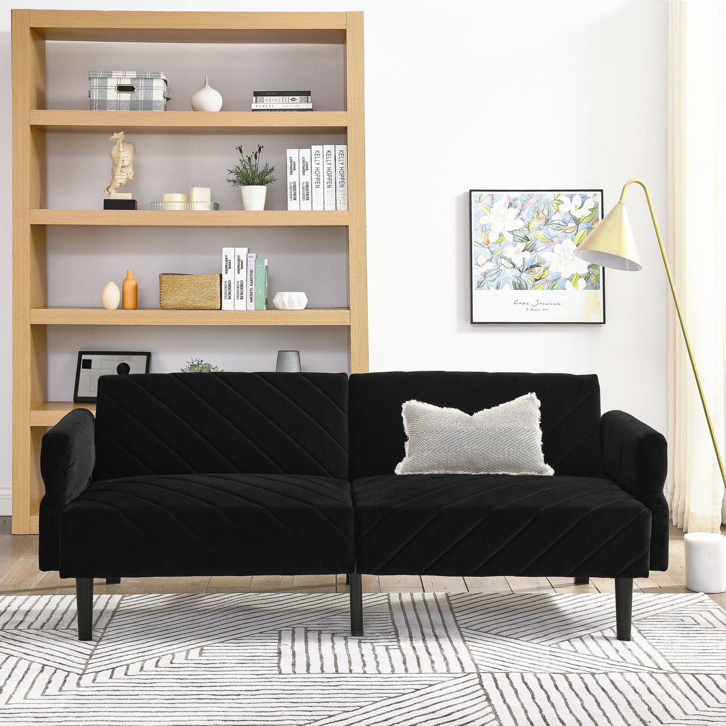 Black Velvet Tufted Convertible Futon Sofa Bed