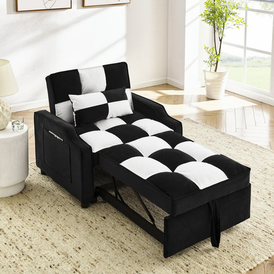 Black White Velvet 35.5 Convertible Single Sleeper Sofa with Pull-out Bed, Storage Pocket, and Pillows