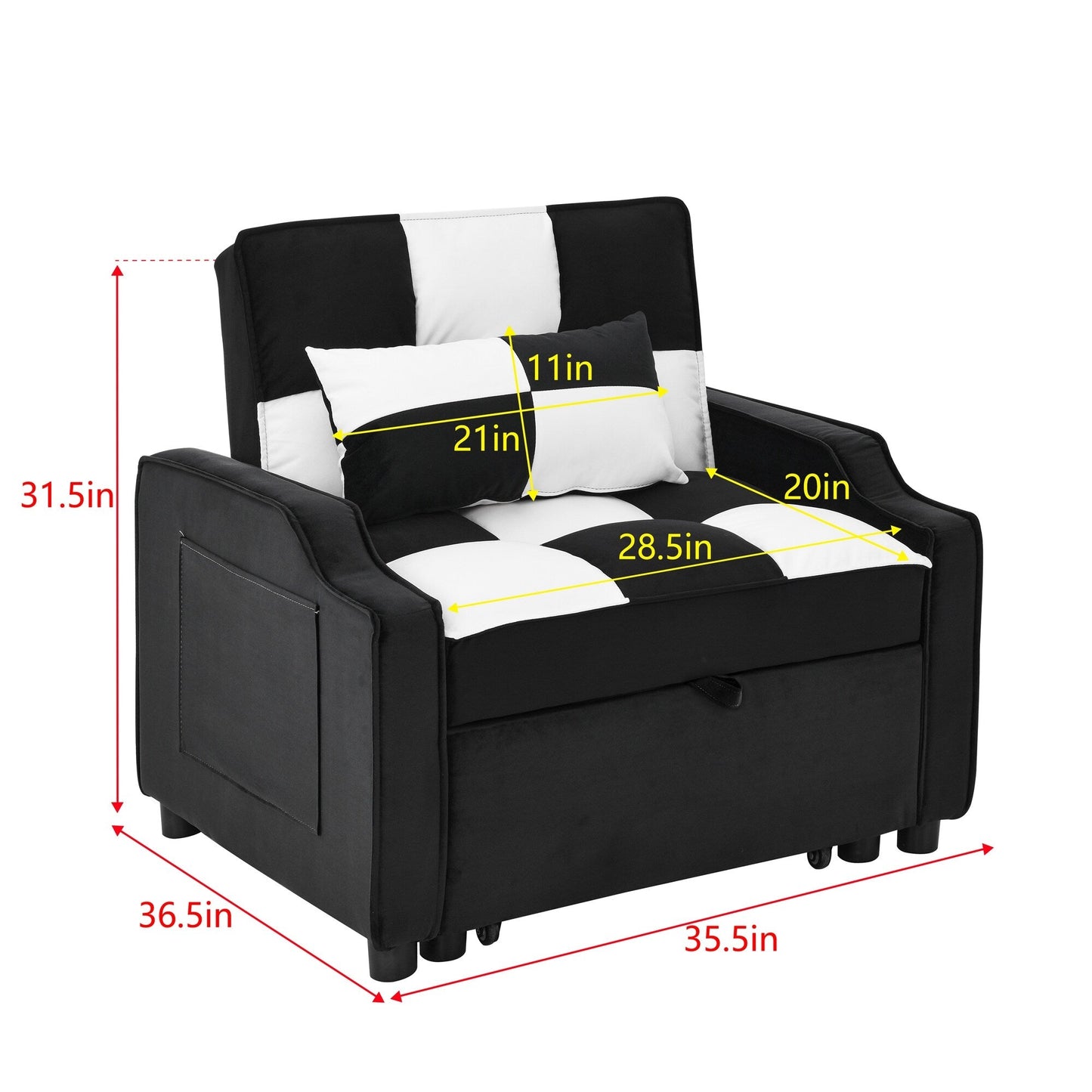 Black White Velvet 35.5 Convertible Single Sleeper Sofa with Pull-out Bed, Storage Pocket, and Pillows