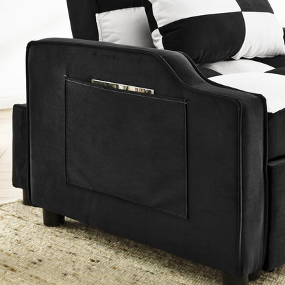 Black White Velvet 35.5 Convertible Single Sleeper Sofa with Pull-out Bed, Storage Pocket, and Pillows