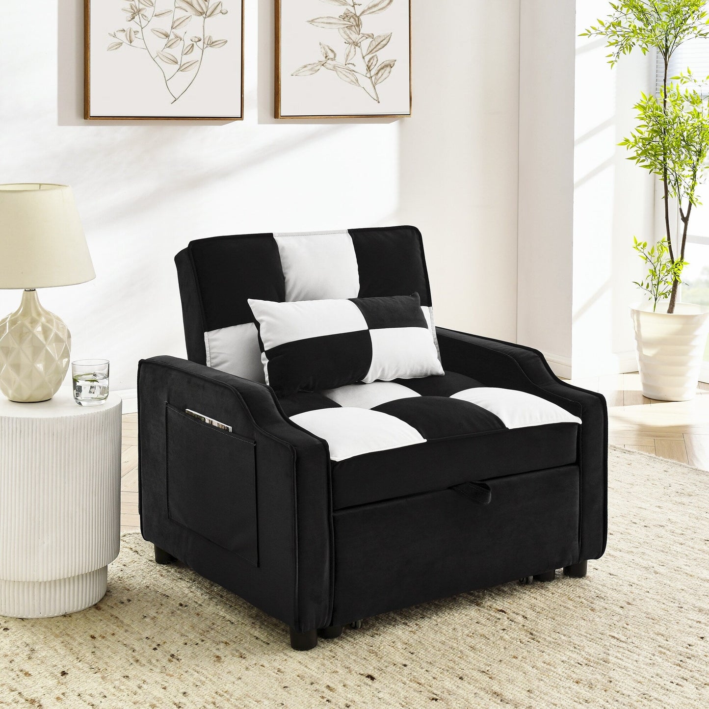 Black White Velvet 35.5 Convertible Single Sleeper Sofa with Pull-out Bed, Storage Pocket, and Pillows