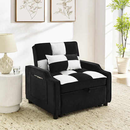 Black White Velvet 35.5 Convertible Single Sleeper Sofa with Pull-out Bed, Storage Pocket, and Pillows