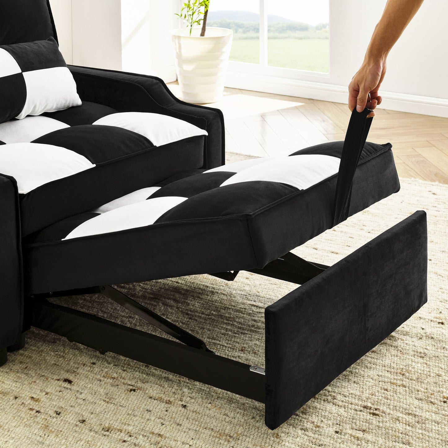 Black White Velvet Convertible Single Sleeper Sofa with Pull-out Bed