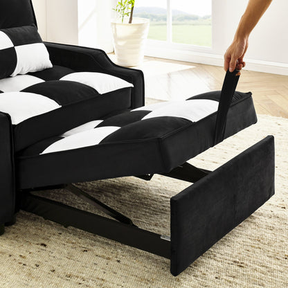 Black White Velvet Convertible Single Sleeper Sofa with Pull-out Bed