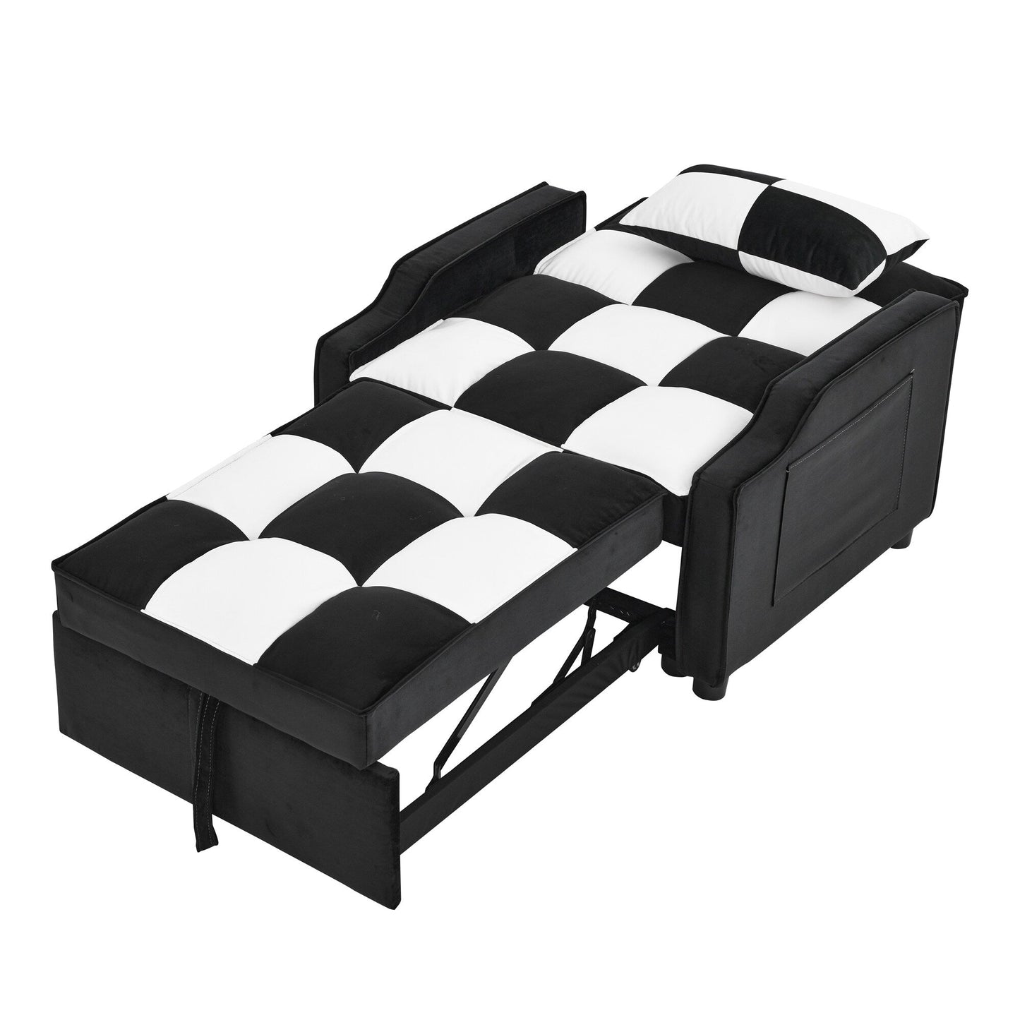 Black White Velvet Convertible Single Sleeper Sofa with Pull-out Bed