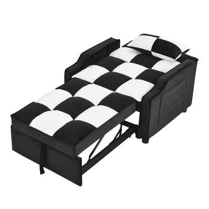Black White Velvet Convertible Single Sleeper Sofa with Pull-out Bed