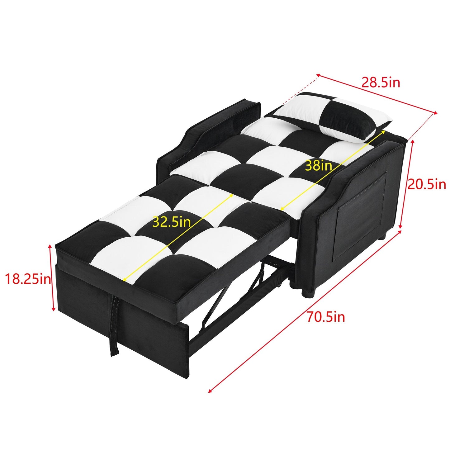 Black White Velvet Convertible Single Sleeper Sofa with Pull-out Bed