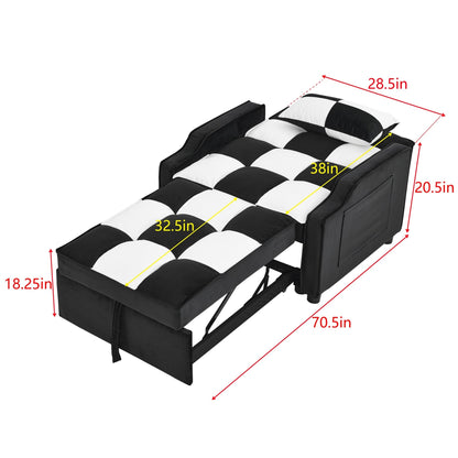 Black White Velvet Convertible Single Sleeper Sofa with Pull-out Bed