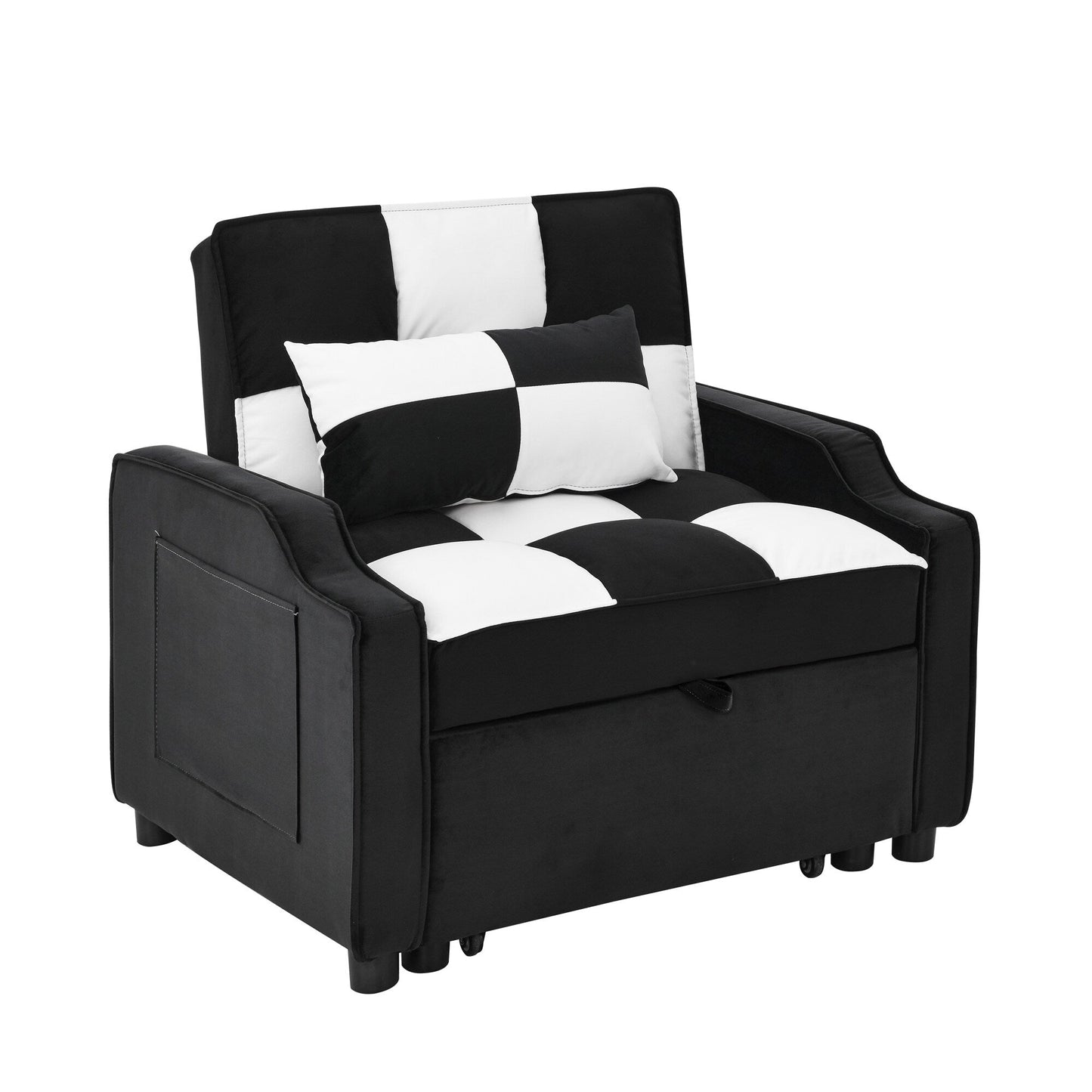 Black White Velvet Convertible Single Sleeper Sofa with Pull-out Bed