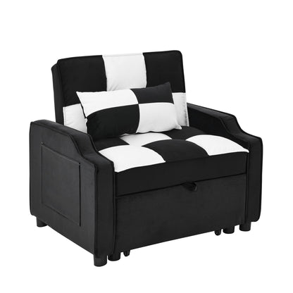 Black White Velvet Convertible Single Sleeper Sofa with Pull-out Bed