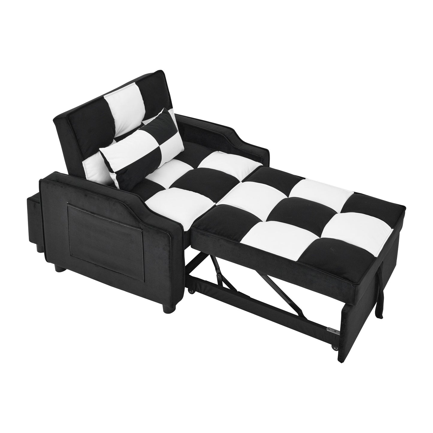 Black White Velvet Convertible Single Sleeper Sofa with Pull-out Bed