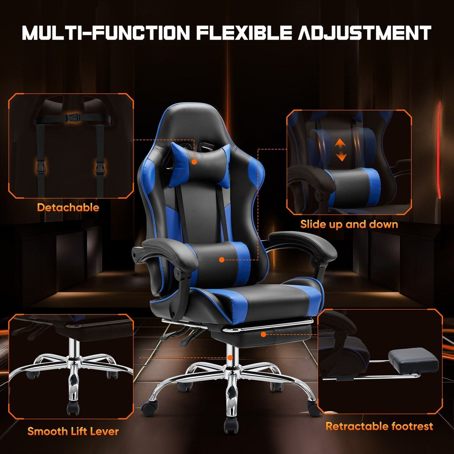 Black+Blue Ergonomic PU Leather 360Â° Swivel Gaming Recliner with Footrest, Headrest, Lumbar Support, Adjustable Height