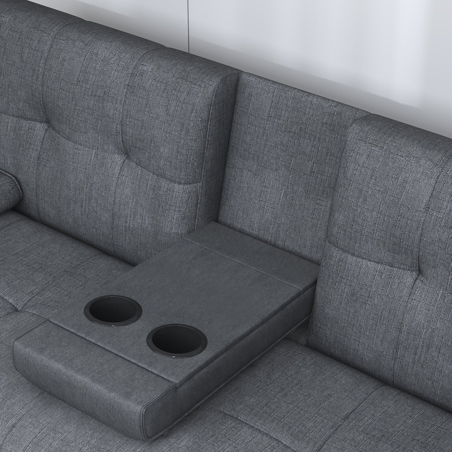 Black+Grey Upholstered 66 Loveseat Sofa Bed with 2 Cup Holders and Stainless Legs for Living Room