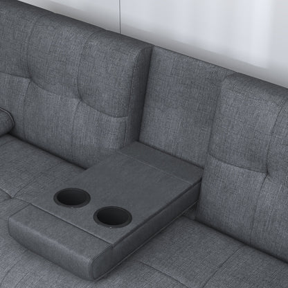 Black+Grey Upholstered 66 Loveseat Sofa Bed with 2 Cup Holders and Stainless Legs for Living Room