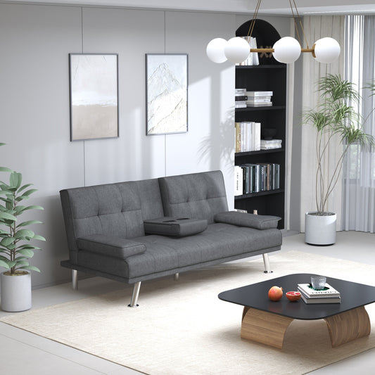 Black+Grey Upholstered Loveseat Sofa Bed with Cup Holders