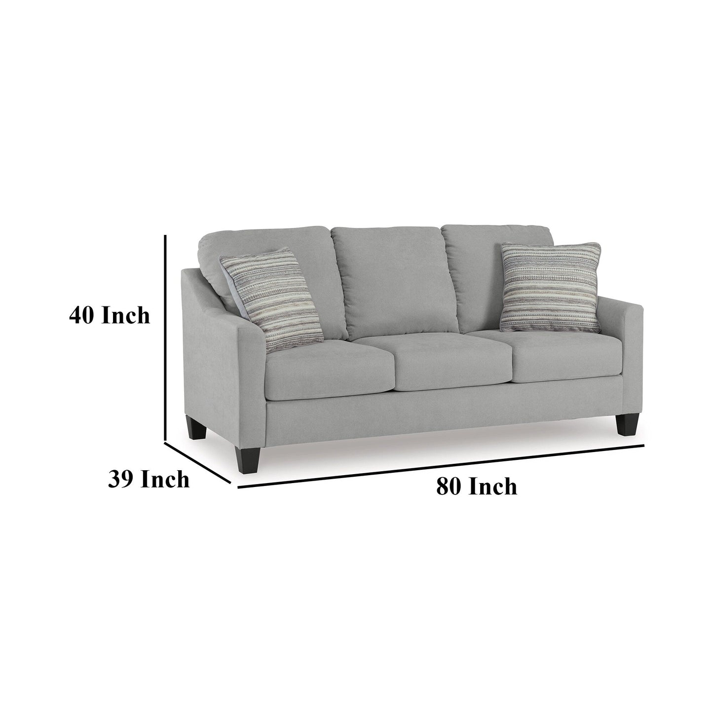 Blaire Sofa, Gray Polyester, 2 Accent Pillows, Black Wood, 80 Inch