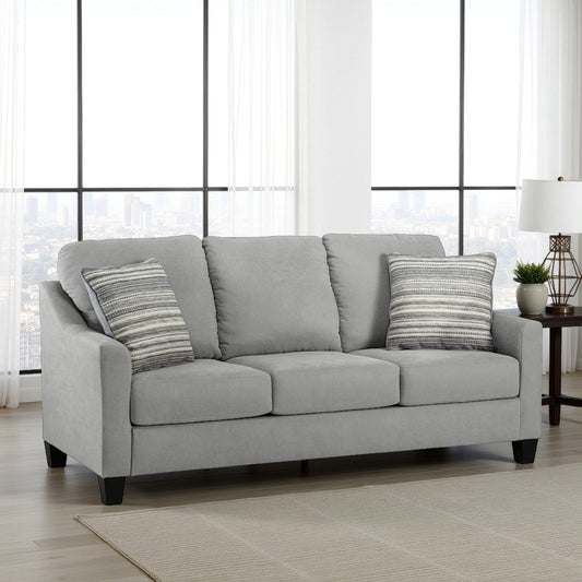 Blaire Sofa, Gray Polyester, 2 Accent Pillows, Black Wood, 80 Inch