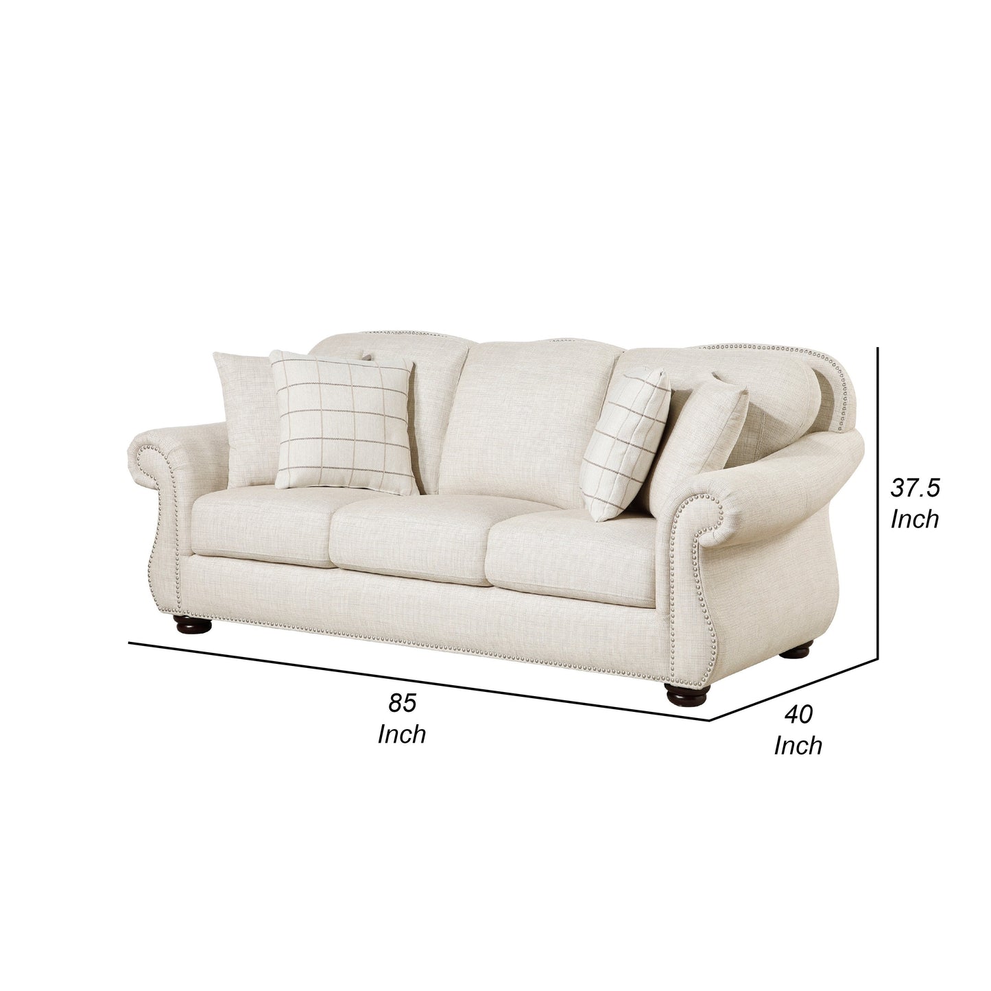 Boro Sofa with 4 Accent Pillows 85 Inch, Plush Beige Fabric