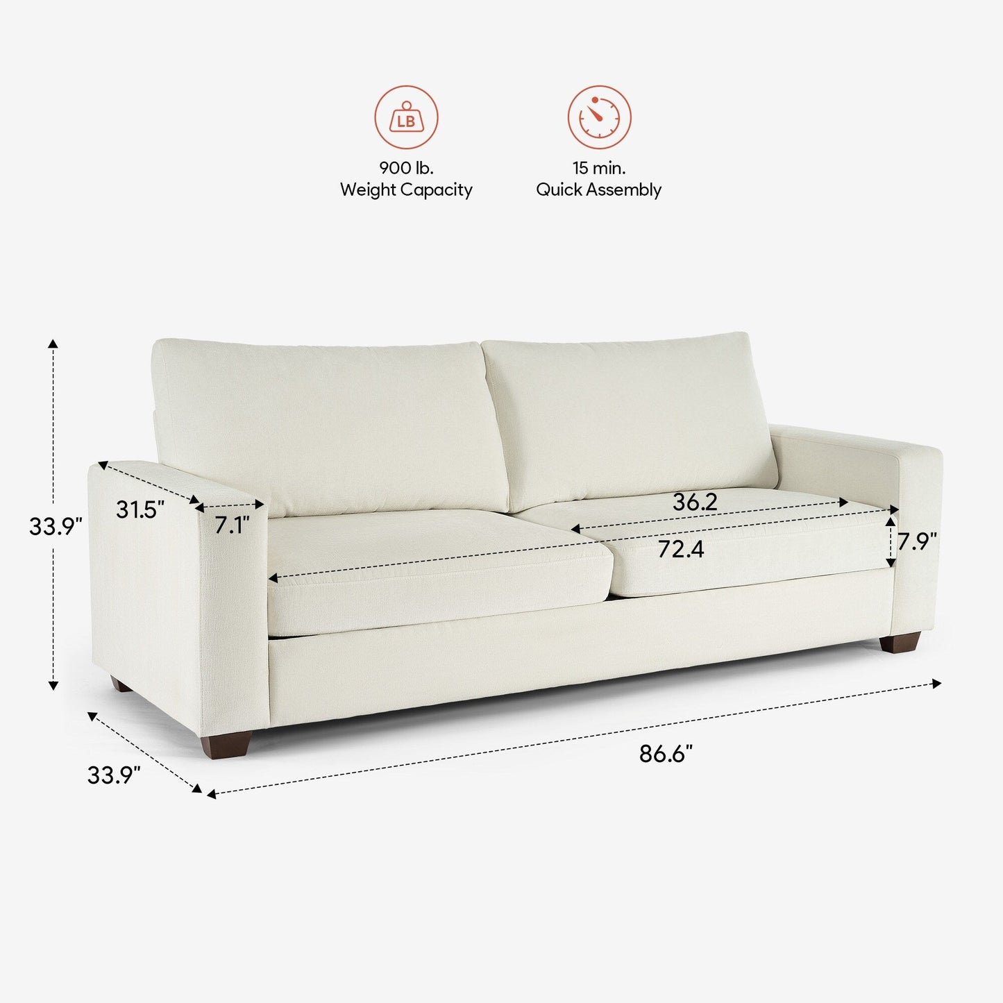 CO-Z 86.6 Upholstered Sofa Couch for Living Room 3-Seater Sofa