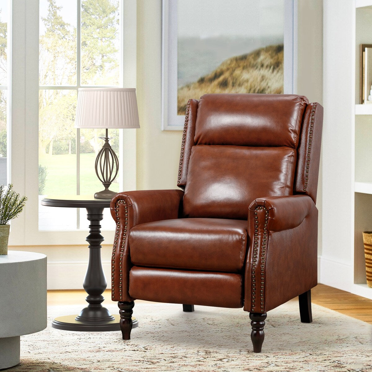 Genuine Leather Push Back Adjustable Recliner with Comfortable Arms for Living Room Chair