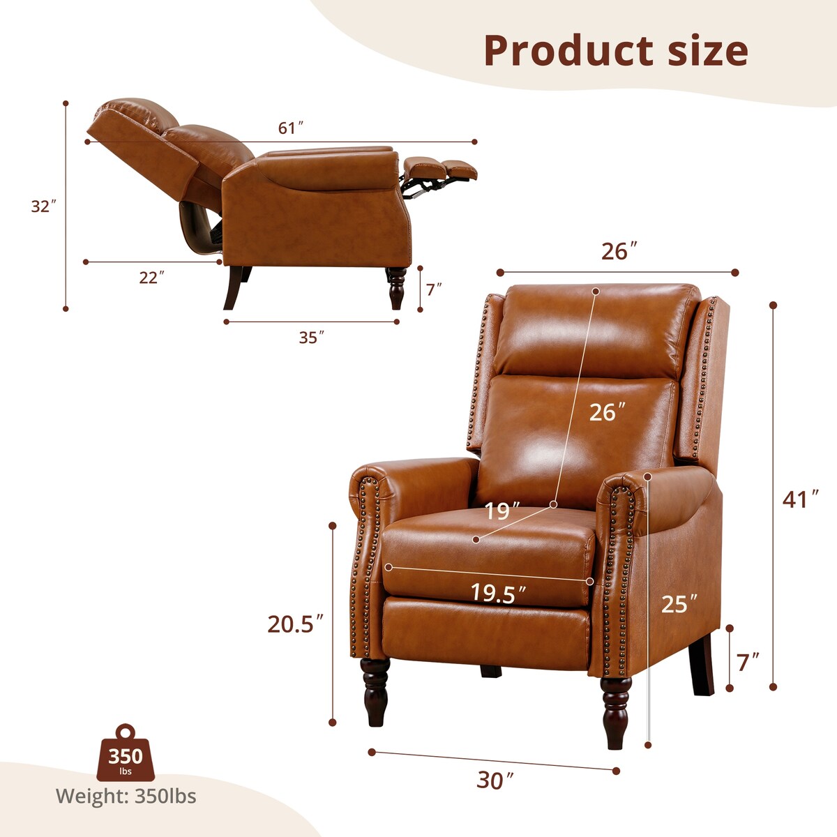 Genuine Leather Push Back Adjustable Recliner with Comfortable Arms for Living Room Chair