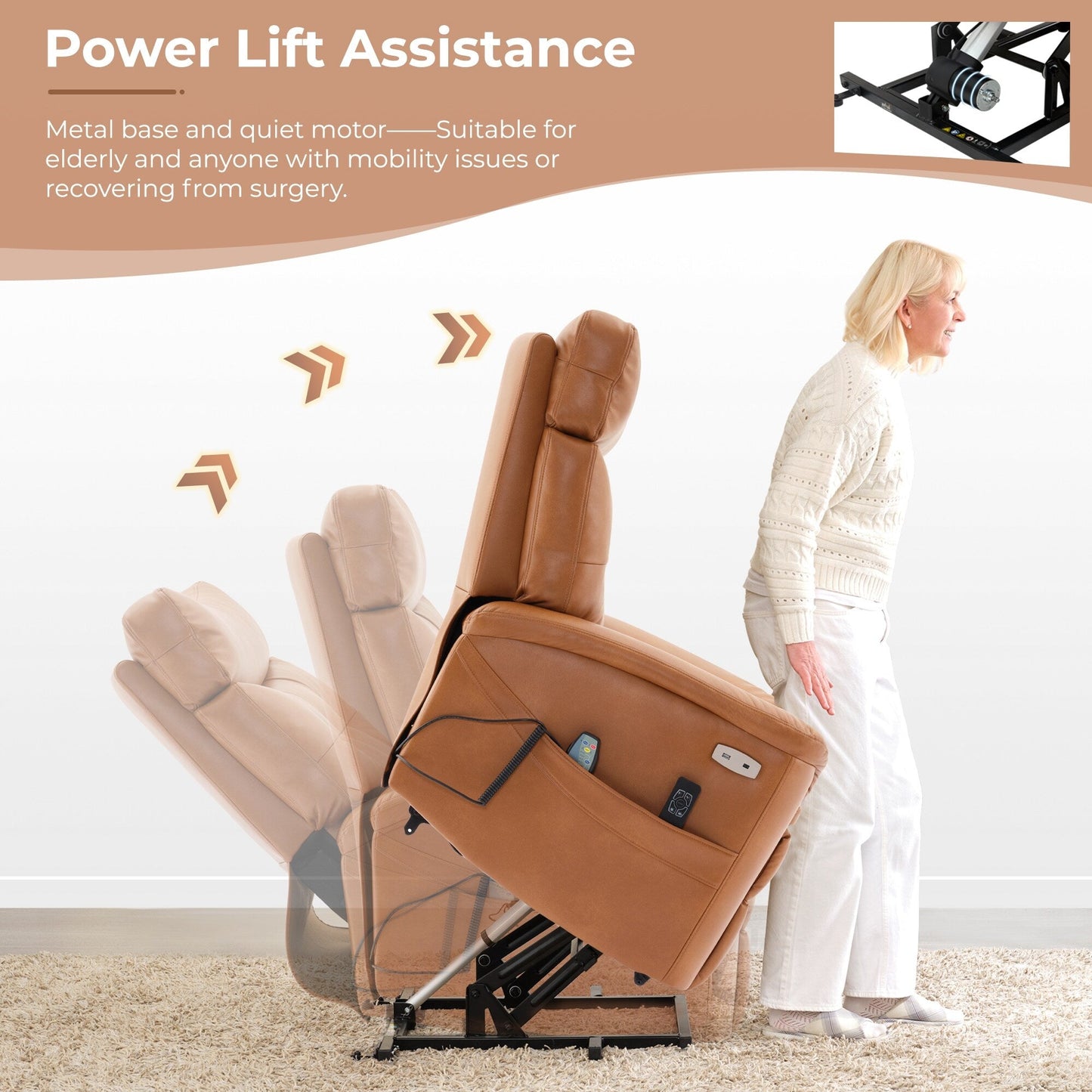 Caramel Leather Power Lift Recliner with 8-Point Massage, Lumbar Heating, USB, Flat Lay