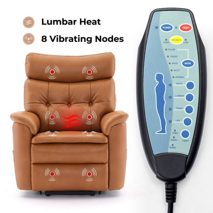 Caramel Leather Power Lift Recliner with 8-Point Massage, Lumbar Heating, USB, Flat Lay