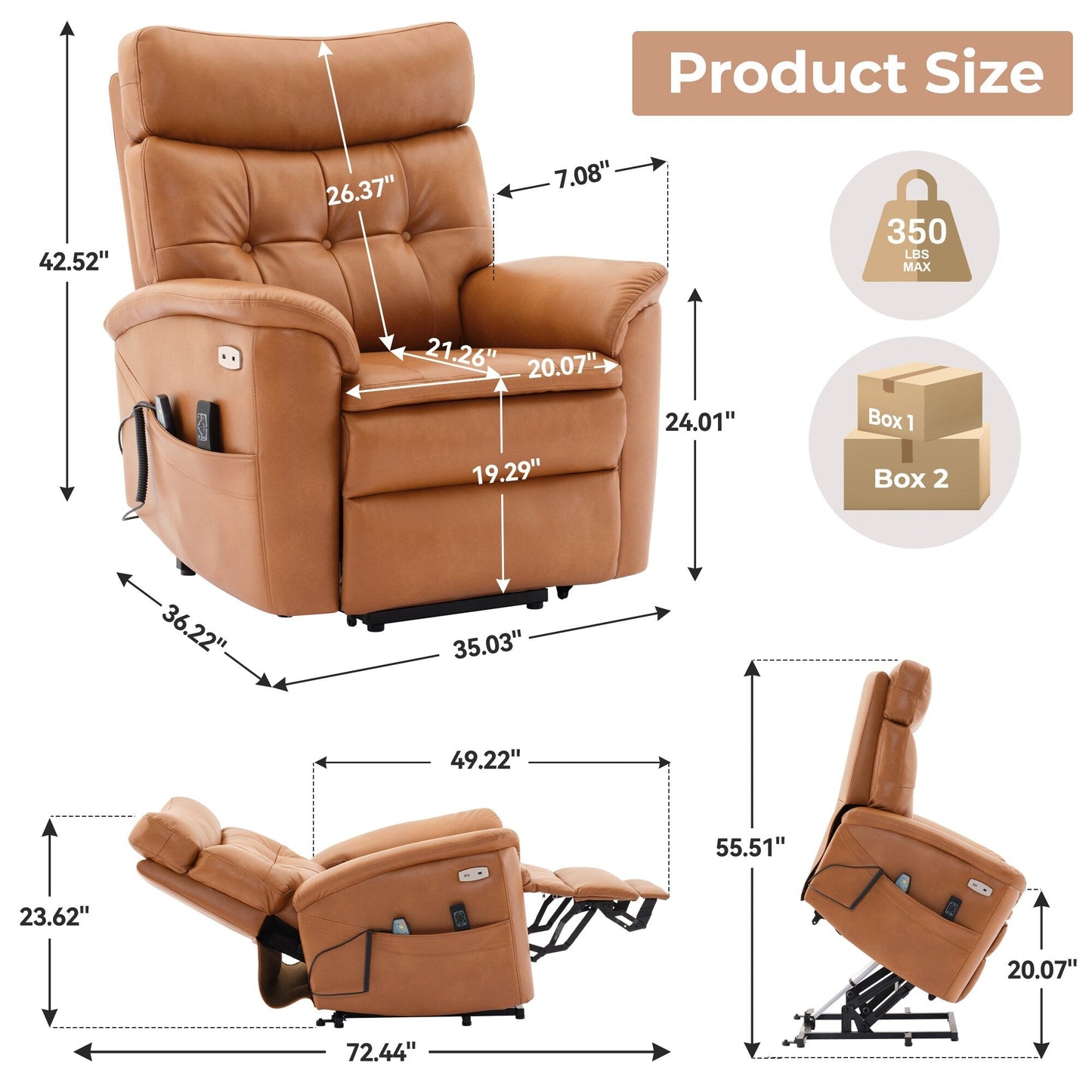 Caramel Leather Power Lift Recliner with 8-Point Massage, Lumbar Heating, USB, Flat Lay