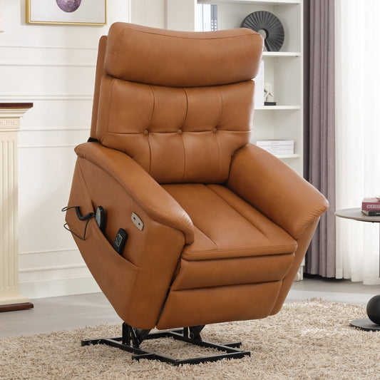 Caramel Leather Power Lift Recliner with 8-Point Massage, Lumbar Heating, USB, Flat Lay