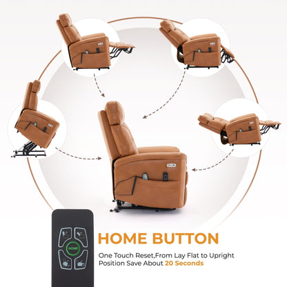 Caramel Leather Power Lift Recliner with 8-Point Massage, Lumbar Heating, USB, Flat Lay