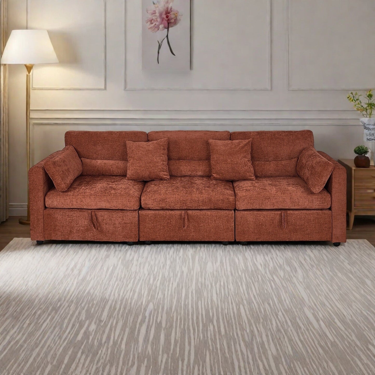 Chenille 3-Seater Sofa with Solid Wood Feet Support, and Rustproof Hardware Feet