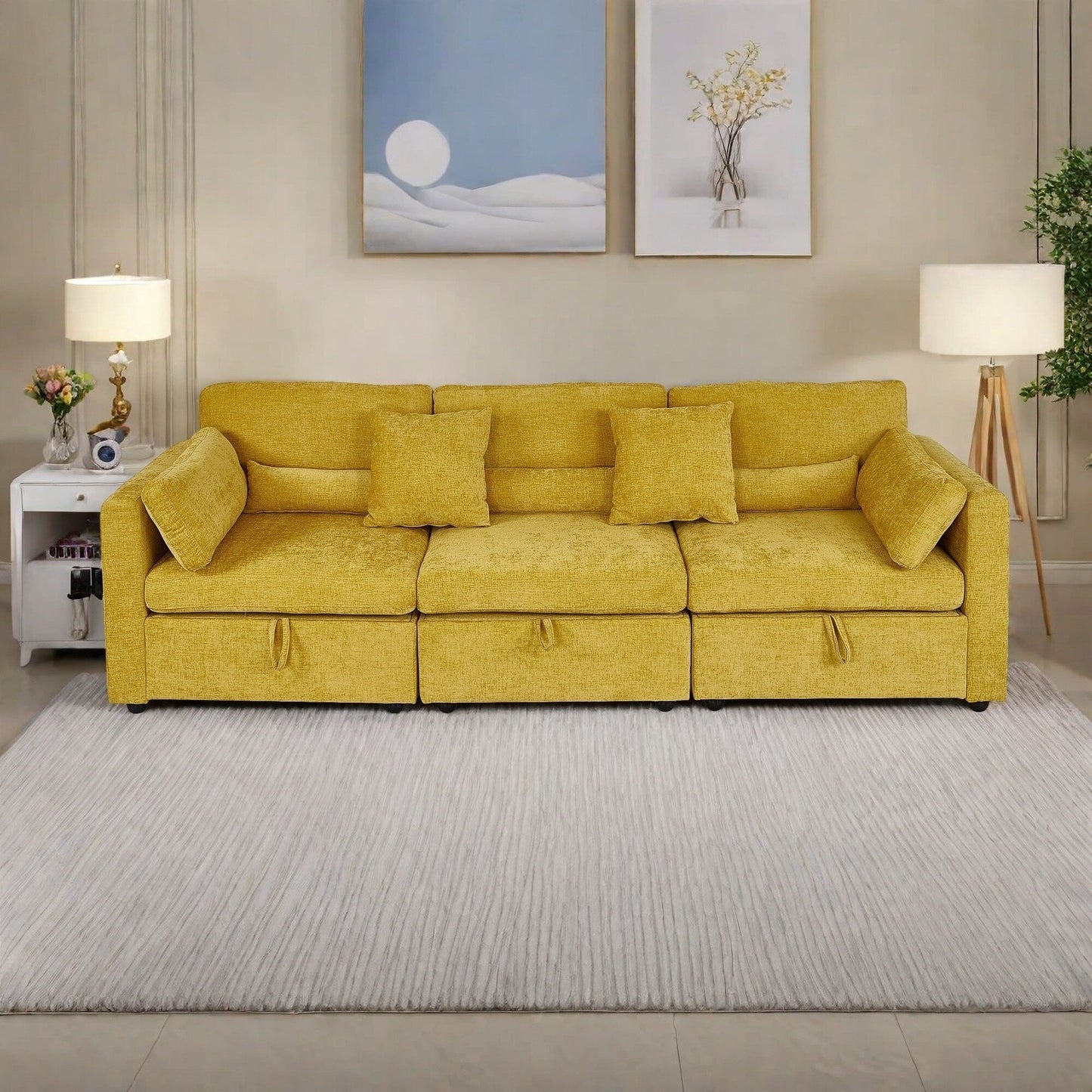 Chenille 3-Seater Sofa with Solid Wood Feet Support, and Rustproof Hardware Feet