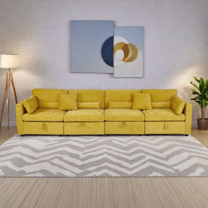 Chenille 4-Seater Sofa with Storage cushion and Solid Wood Feet Support, and Rustproof Hardware Feet
