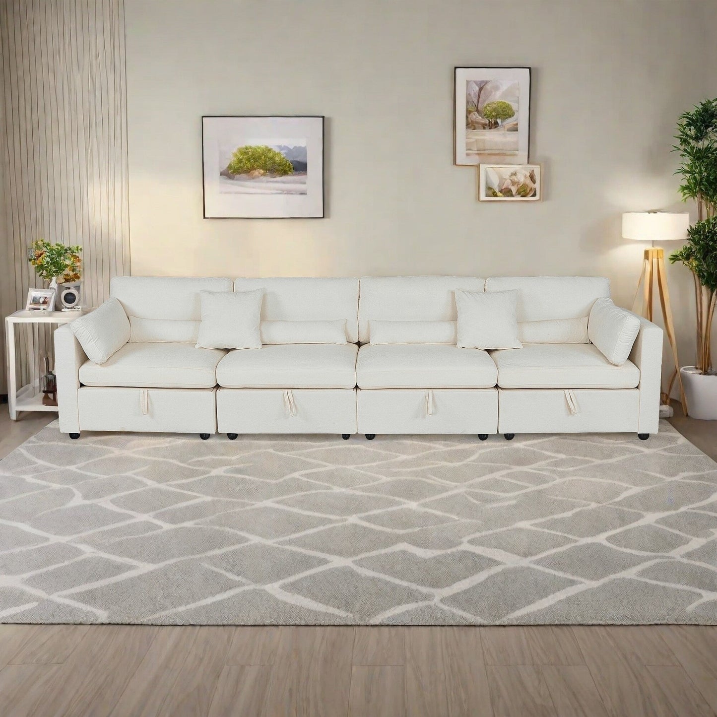 Chenille 4-Seater Sofa with Storage cushion and Solid Wood Feet Support, and Rustproof Hardware Feet