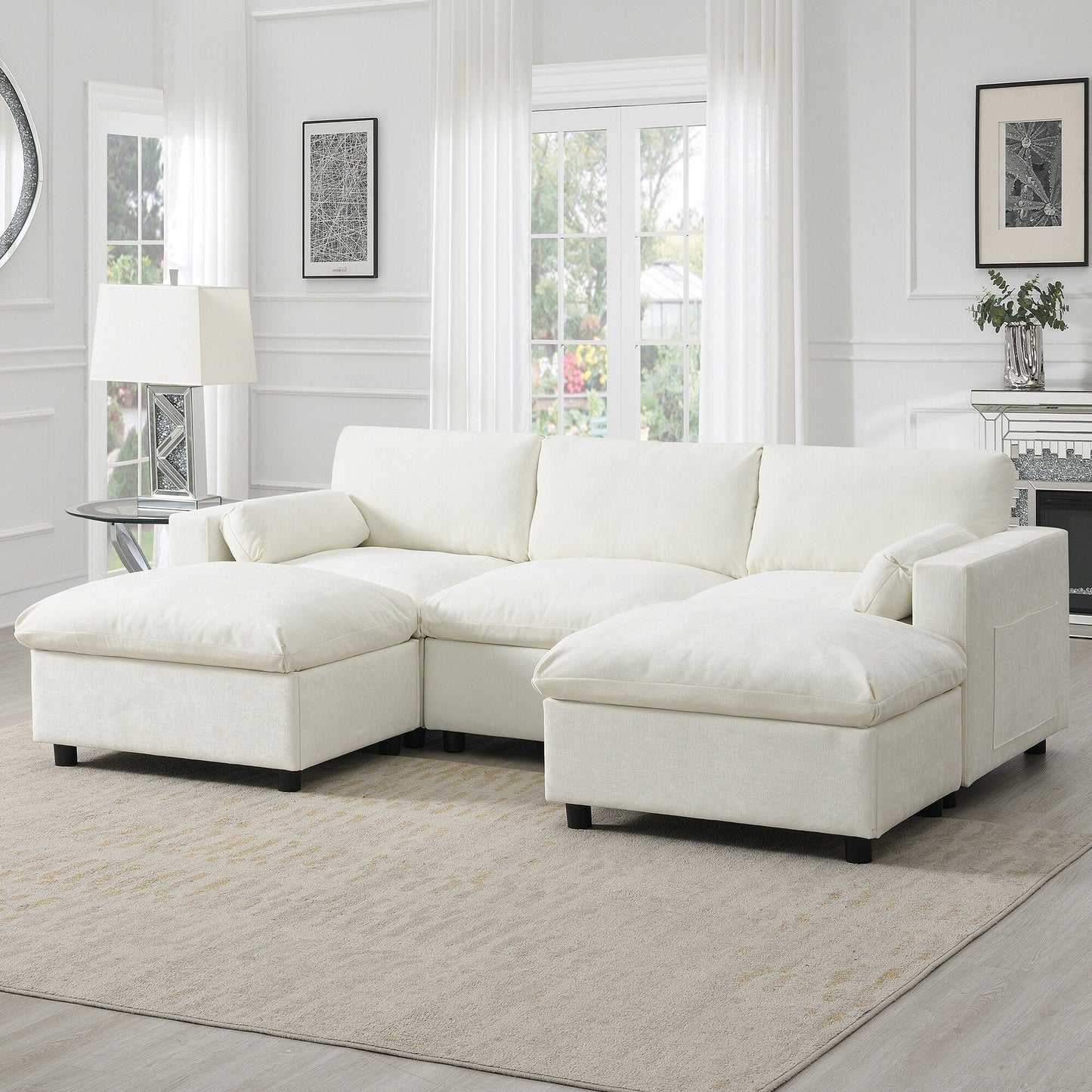 Chenille Modular Sectional Sofa With Storage Pockets, 5 Seat U Shaped Couch Set With Pillows,Cloud Sofa With 2 Movable Ottoman