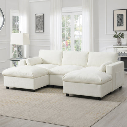 Chenille Modular Sectional Sofa With Storage Pockets, 5 Seat U Shaped Couch Set With Pillows,Cloud Sofa With 2 Movable Ottoman