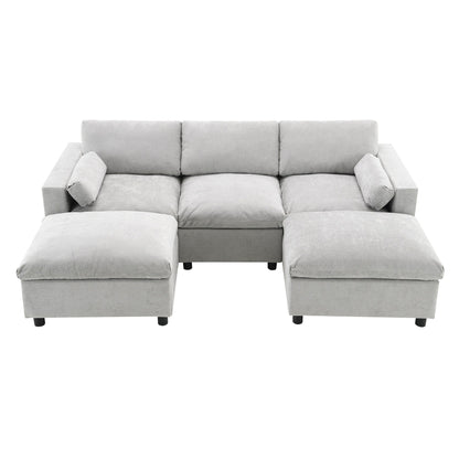 Chenille Modular Sectional Sofa With Storage Pockets, 5 Seat U Shaped Couch Set With Pillows,Cloud Sofa With 2 Movable Ottoman