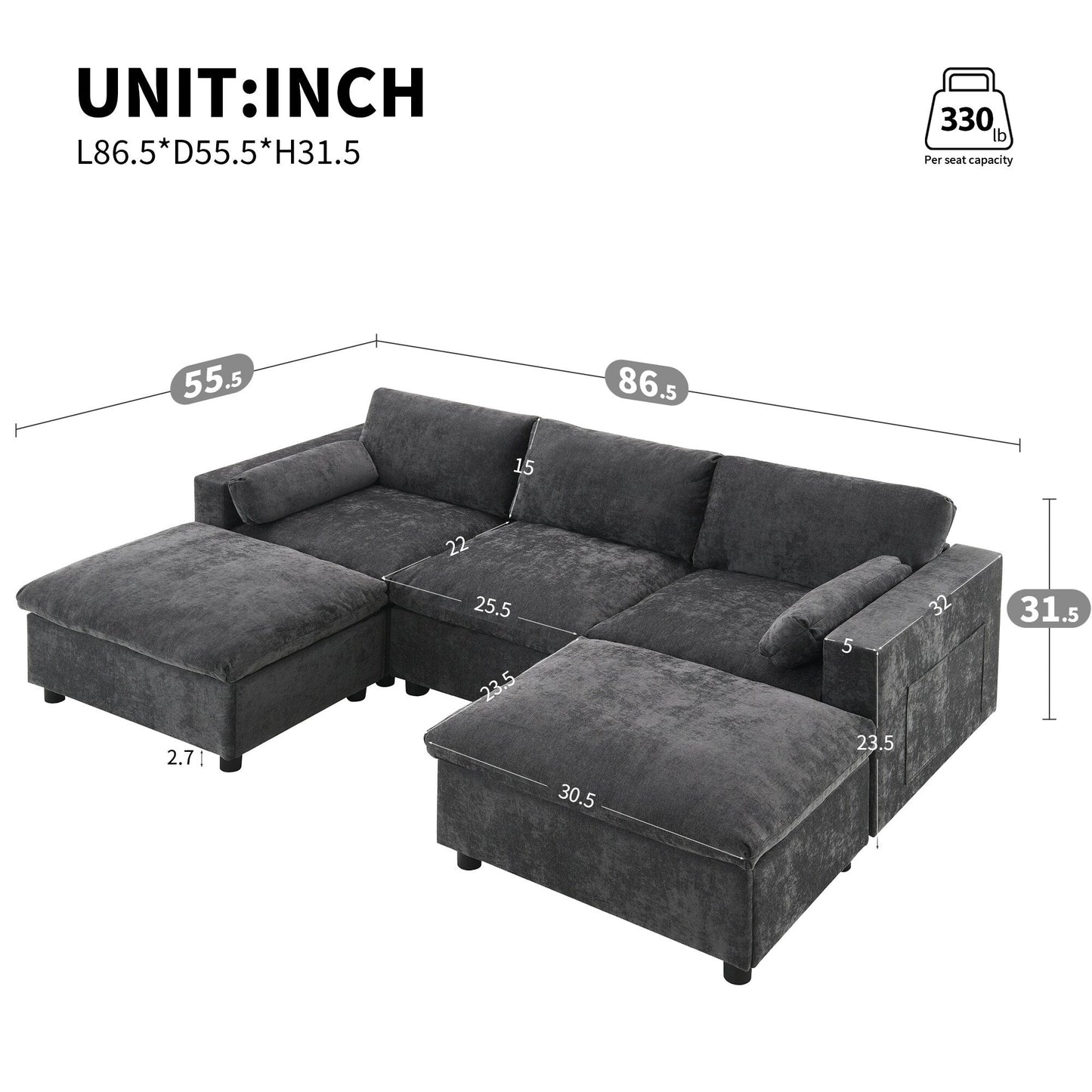 Chenille Modular Sectional Sofa With Storage Pockets, 5 Seat U Shaped Couch Set With Pillows,Cloud Sofa With 2 Movable Ottoman