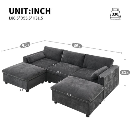 Chenille Modular Sectional Sofa With Storage Pockets, 5 Seat U Shaped Couch Set With Pillows,Cloud Sofa With 2 Movable Ottoman