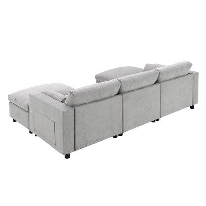 Chenille Modular Sectional Sofa With Storage Pockets, 5 Seat U Shaped Couch Set With Pillows,Cloud Sofa With 2 Movable Ottoman