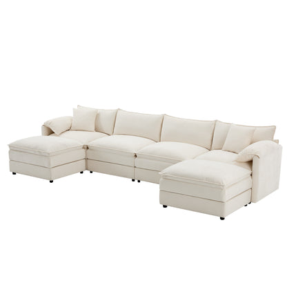 Chenille Modular Sectional Sofa,U Shaped Cloud Couch Set With Double Cushions,6 Seat Sofa With Movable Ottomans