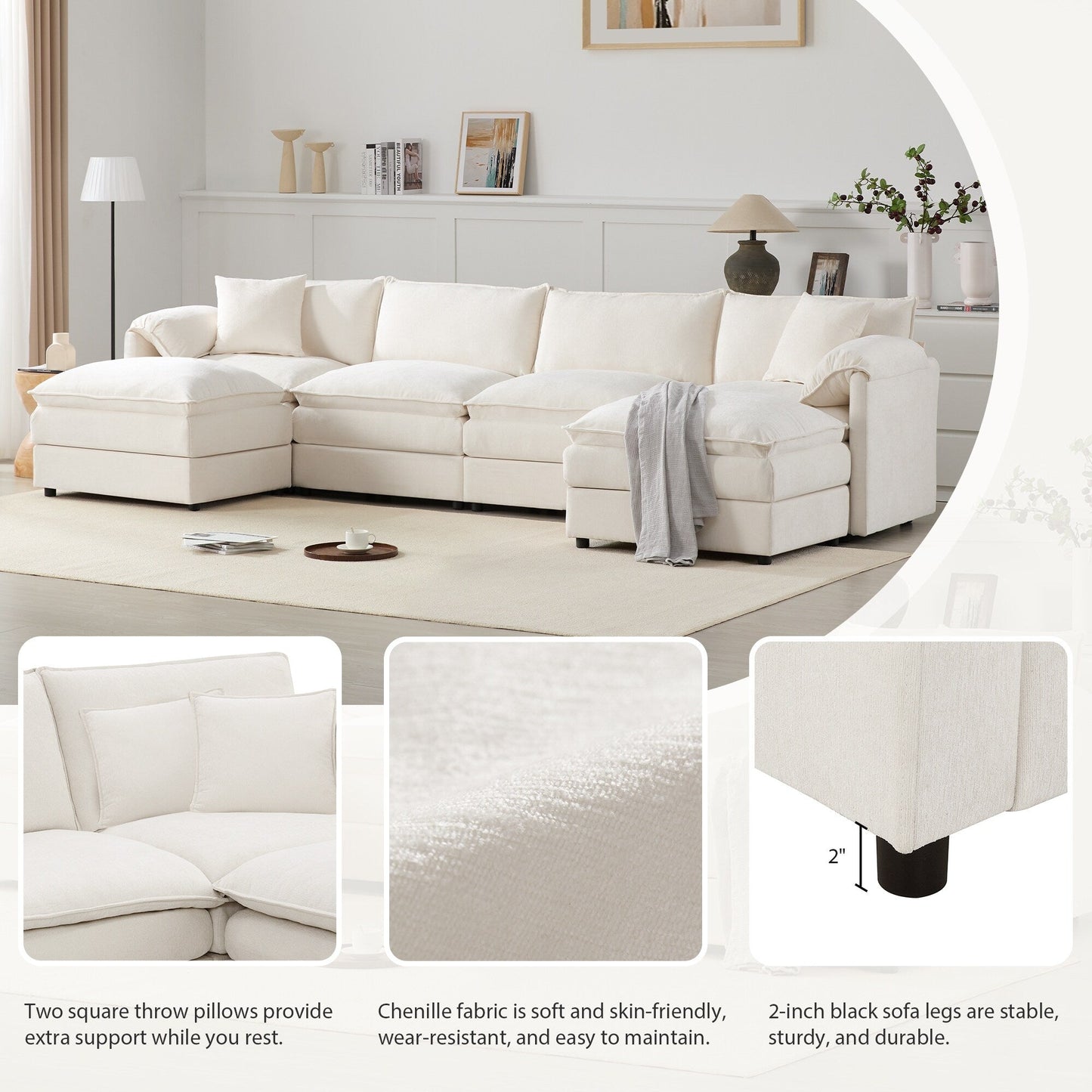 Chenille Modular Sectional Sofa,U Shaped Cloud Couch Set With Double Cushions,6 Seat Sofa With Movable Ottomans