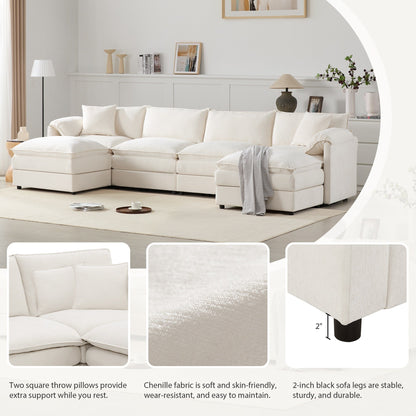 Chenille Modular Sectional Sofa,U Shaped Cloud Couch Set With Double Cushions,6 Seat Sofa With Movable Ottomans